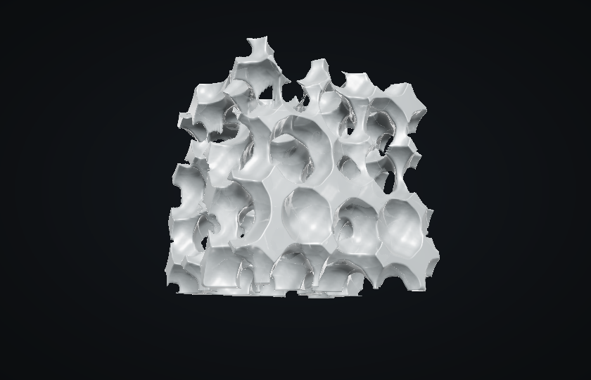 Matched rendering of synthetic porous specimen S-01, with irregular internal voids. Not measured research data.