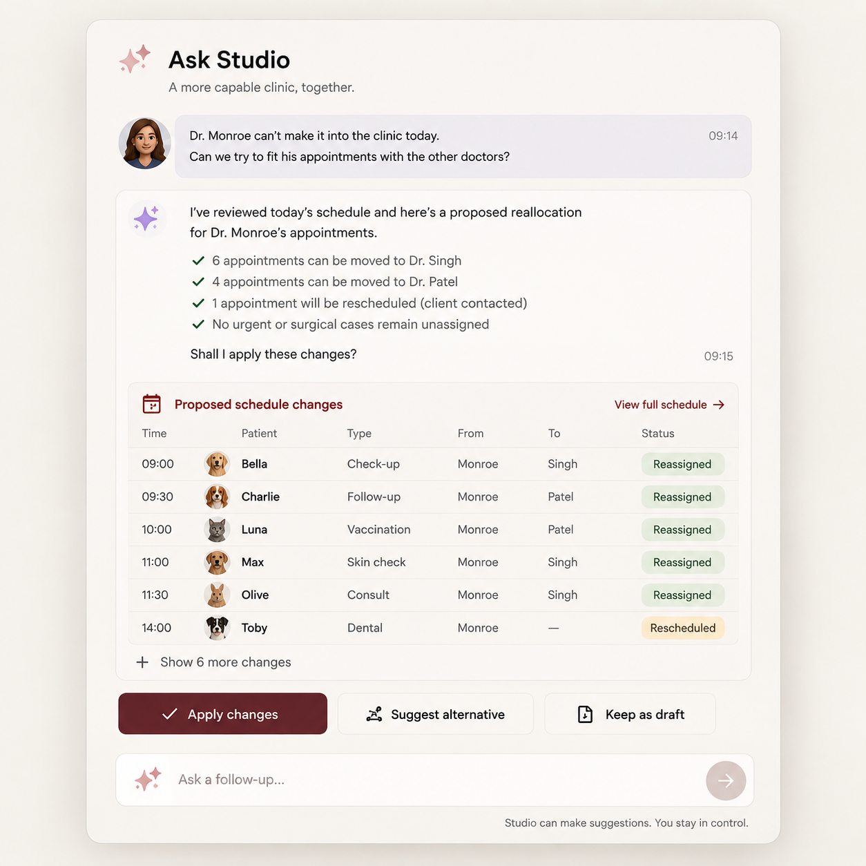 Static Ask Studio illustration showing the same appointment-reallocation proposal in detail, with illustrated review controls.